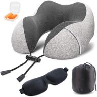 🌍 premium grey travel neck pillow set: memory foam, portable & comfy, ideal for airplane sleeping, business trips, flights - includes eye masks, earplugs, pockets logo