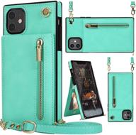 hoggu iphone 11 wallet case with crossbody strap and card holder - mint green leather flip folio purse with kickstand, magnetic closure, and zipper for women logo