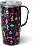 🎅 swig life 22oz travel mug with handle and lid, stainless steel, dishwasher safe, cup holder friendly, triple insulated coffee mug tumbler - merry & bright christmas print logo