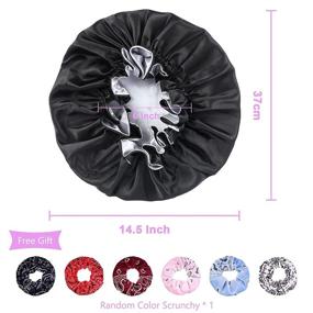 img 3 attached to 🎀 Double Layer Silk Bonnet - Black & Purple Sleep Cap for Curly Natural Hair, Long Braids - Large Soft Elastic Band Night Sleeping Head Cover for Women and Girls