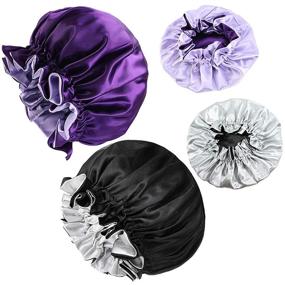 img 4 attached to 🎀 Double Layer Silk Bonnet - Black & Purple Sleep Cap for Curly Natural Hair, Long Braids - Large Soft Elastic Band Night Sleeping Head Cover for Women and Girls