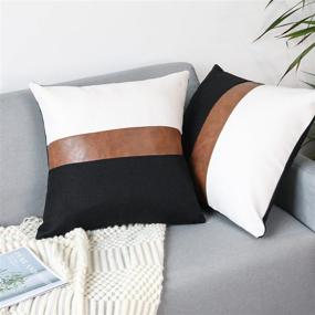 img 4 attached to 🖤 Merrycolor 20x20 Inch Square Throw Pillow Cover - Thick Black Linen Farmhouse Decorative Cushion Pillowcase with Color Block Design, Faux Leather Accents, and Ticking Stripe Pattern - Modern Sofa Couch Pillow Cover in Black Brown