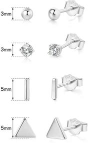 img 2 attached to 👂 Hypoallergenic Sterling Silver Stud Earrings Set - 4 Pairs of Small Silver Ball, Triangle, Round CZ and Bar Earrings, Cartilage and 14K Studs in 3mm2 & 5mm2 Sizes