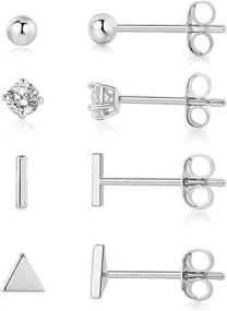 img 4 attached to 👂 Hypoallergenic Sterling Silver Stud Earrings Set - 4 Pairs of Small Silver Ball, Triangle, Round CZ and Bar Earrings, Cartilage and 14K Studs in 3mm2 & 5mm2 Sizes