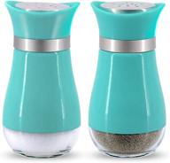 teal glass salt and pepper shakers set - dispenser for sea salt, black pepper, spices - stylish pioneer kitchen gift for women, mom, family logo