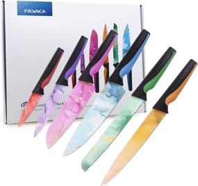 img 4 attached to 🌈 Набор кухонных ножей FASAKA: 12 штук ножей разного цвета с 6 штуками кухонных ножей и 6 накладками для ножей - ножи из нержавеющей стали с антипригарным покрытием в радужных тонах для идеального подарка на День благодарения или Рождество.
