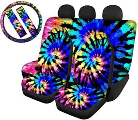 img 4 attached to Upetstory Tie Dye Car Seat Covers With Steering Wheel Covers Anti Slip Universal Fit Safety Seat Belt Pads Auto Front And Rear Seat Covers Full Set 7 Pack Turquoise Blue