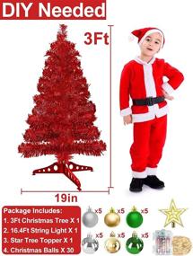 img 1 attached to 🎄 3-Foot Battery Operated Artificial Christmas Tree with Timer, DIY 50 Warm Lights, 30 Ball Ornaments, Star, 8 Modes, Pencil Full Tree Holiday Xmas Decoration for Table, Indoor Home Party (Red)