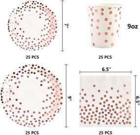img 2 attached to 🌹 175-предметный набор одноразовых праздничных приборов розового цвета с розовыми точками на белых бумажных тарелках, салфетках и стаканах, включая пластиковые вилки, ножи и ложки розового цвета - идеально подходит для дня рождения, выпускного, свадьбы, помолвки - обеспечивает 25 комплектов.