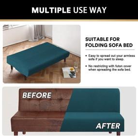 img 1 attached to Protective Stretch Armless Futon Cover Full Queen Size - Deep Teal Checked Pattern Jacquard Slipcover for Futon Sofa Bed - Elastic Bottom, Furniture Protector
