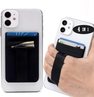 polifall cell phone card holder stick on wallet sleeve back - dual pocket + finger grip 📱 strap loop + metal plate for magnetic mount + rfid blocking for iphone, galaxy, android, mobile devices - black logo