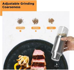 img 2 attached to Premium Stainless Steel Gravity Electric Salt and Pepper Grinder Set - Automatic Spice Grinder, Battery-Operated with Adjustable Coarseness, One-Handed Operation, Includes Utility Brush