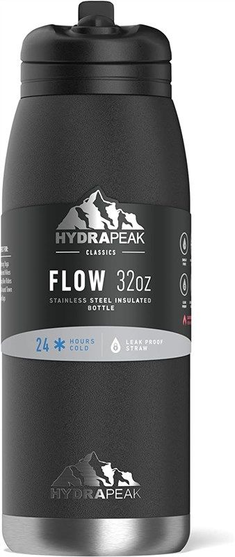 Hydrapeak 32oz Straw Lid Wide Mouth Stainless Steel Bottle 32oz Black