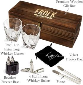 img 3 attached to 🥃 Premium Whiskey Bullet Stones Gift Set: 6 Extra Large Stainless Steel Ice Cubes, 2 Large Twisted Whiskey Glasses (11 oz), Freezer Base, Velvet Pouch &amp; Tongs, Novelty Wooden Box by Frolk