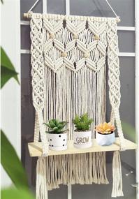 img 1 attached to Boho Rustic Macrame Wall Shelves Hanging Decor with Wooden Beads - Floating Wood Shelves for Bedroom, Bathroom, Living Room