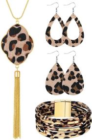 img 4 attached to Hicarer 4 Pack Leopard Jewelry Set - Y-Shape 🐆 Tassel Necklace with Leopard Rhombus Hook Earrings and Multilayer Bracelet