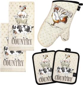 img 4 attached to 🌾 BONTHEE 5PC Pot Holders and Oven Mitts with Towels Kitchen Linen Set - Farm Pattern: Ideal for Cooking, Baking, and Kitchen Décor