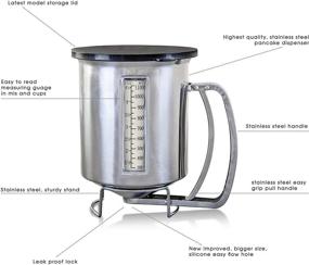 img 3 attached to Enhanced Stainless Steel Pancake Batter Dispenser with Lid - A Versatile Kitchen Essential for Perfect Baking, Cupcakes, Muffins, Crepes, Waffles, and More - Easyflow Spout, Measuring Gauge in Mls and Cups