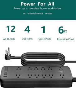 img 3 attached to 💡 YUNDOO Power Strip: 12 AC Outlets, 1 USB-C, 4 USB Ports, 6 Ft Extension Cord - Ideal for Home, Office, Dorm & More!