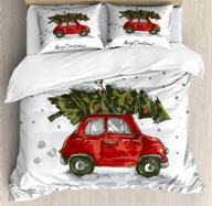 ambesonne christmas duvet cover set: vintage red retro car xmas tree design, king size bedding set with 2 pillow shams – red green snowy winter decor logo