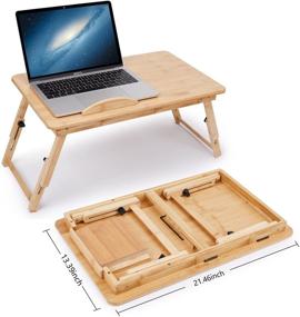 img 3 attached to 🎋 Бамбуковый стол для ноутбука: регулируемый, наклонный верх с ящиком - идеально подходит для завтрака, сервировки и использования в кровати.