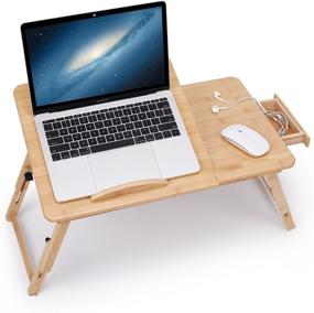 img 4 attached to 🎋 Бамбуковый стол для ноутбука: регулируемый, наклонный верх с ящиком - идеально подходит для завтрака, сервировки и использования в кровати.