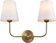 passica decor 2-light modern armed sconce with 2 antique brass flared white fabric shades - double sconce for bathroom, vanity, living room, hallway, stairway, and fireplace логотип