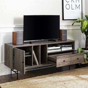 img 2 attached to 📺 Modern Wood TV Stand with Record Storage - Up to 65" Flat Screen Universal TV Console, Living Room Storage Cabinet Doors Shelves, Slate Grey - 60 Inch