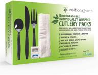 🌱 environmentally-friendly transitions2earth biodegradable 6-in-1 heavyweight cutlery/utensil pack - 50 count - fork, knife, spoon, napkin, salt, pepper included - individually wrapped (50) - plant a tree with every purchase! logo