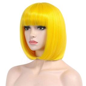 img 2 attached to 🎃 COSYMAY 12-inch Yellow Wig with Bangs - Bright Yellow Bob Wig Synthetic Hair for Halloween Party and Cosplay - Average Size