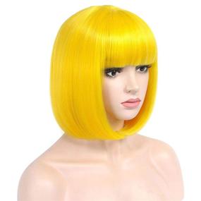 img 3 attached to 🎃 COSYMAY 12-inch Yellow Wig with Bangs - Bright Yellow Bob Wig Synthetic Hair for Halloween Party and Cosplay - Average Size