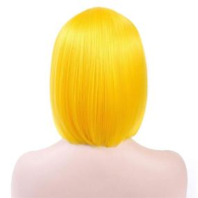 img 1 attached to 🎃 COSYMAY 12-inch Yellow Wig with Bangs - Bright Yellow Bob Wig Synthetic Hair for Halloween Party and Cosplay - Average Size