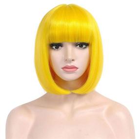 img 4 attached to 🎃 COSYMAY 12-inch Yellow Wig with Bangs - Bright Yellow Bob Wig Synthetic Hair for Halloween Party and Cosplay - Average Size