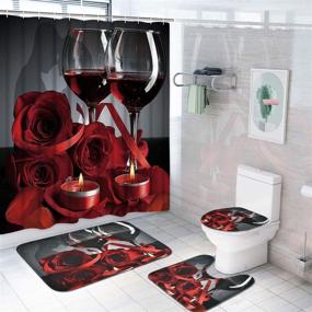 img 3 attached to 🌹 Romantic Red Rose Flowers and Wine Shower Curtain Set with Matching Accessories - Non-Slip Rug, Toilet Lid Cover, Bath Mat, and Hooks - Waterproof and Durable