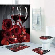 🌹 romantic red rose flowers and wine shower curtain set with matching accessories - non-slip rug, toilet lid cover, bath mat, and hooks - waterproof and durable logo