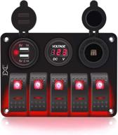 fxc 5 gang rocker switch panel: dual usb, volt meter, cigarette lighter | marine boat car rv truck 12-24v waterproof (5gang red) logo