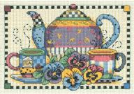 teatime pansies cross stitch kit: beautiful 14 count ivory aida, 7'' x 5'' dimensions design logo