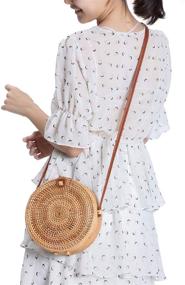 img 1 attached to 👜 Round Rattan Bag with Leather Shoulder Straps - Natural, Chic, Handwoven