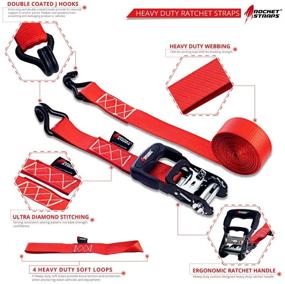 img 2 attached to Ремни "🚀 Rocket Straps" - прочные ленты с ратшетным механизмом 1,5 дюйма x 15 футов с несущей способностью 4500 фунтов - 4 ратшеты и 4 мягкие петли, в комплекте сумка - идеально подходят для переезда, мотоциклов, прицепов и грузовиков.