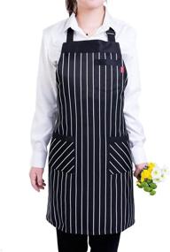 img 2 attached to ALIPOBO Aprons for Women and Men - Adjustable Chef Apron with 3 Pockets and Long Ties - Perfect for Cooking & Serving - Black/White Pinstripe - 1 Pcs