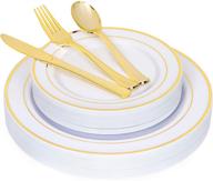 🍽️ premium n9r 125pcs white plastic plates with elegant gold rim – perfect for weddings and parties | includes 25 dinner plates, dessert plates, gold forks, knives, and spoons - disposable & sturdy logo