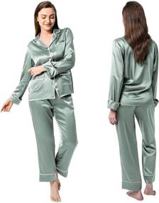 img 3 attached to Sericum Women's Silk Pajama Set - Long Sleeve Soft Nightwear with Long Pants, V Neck and Notched Collar, White Trim