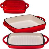 bruntmor enameled square cast iron large baking pan – cookware baking dish with griddle lid 🍳 2-in-1 & double handle for casseroles lasagna – 10-inch multi baker for oven and stove – fire red logo