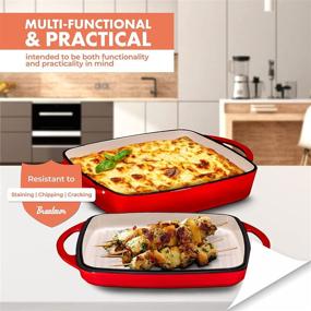 img 2 attached to Bruntmor Enameled Square Cast Iron Large Baking Pan – Cookware Baking Dish With Griddle Lid 🍳 2-in-1 & Double Handle for Casseroles Lasagna – 10-inch Multi Baker for Oven and Stove – Fire Red