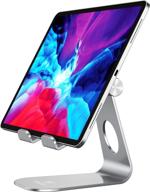 adjustable foldable tablet stand holder for desk - compatible with ipad, galaxy tab, iphone, kindle - silver logo