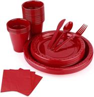 🌹 fuling 175-piece disposable rose red dinnerware set for 25 guests - plastic cutlery, 5-sets with cups, knife, fork, spoon, 25 pieces of dinner paper, ideal for weddings, birthdays, parties logo