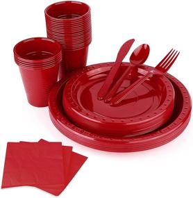 img 4 attached to 🌹 Fuling 175-Piece Disposable Rose Red Dinnerware Set for 25 Guests - Plastic Cutlery, 5-Sets with Cups, Knife, Fork, Spoon, 25 Pieces of Dinner Paper, Ideal for Weddings, Birthdays, Parties