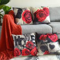 🌹 set of 4 red pillow covers for couch - christmas decorative rose flower square pillowcases | 18x18 black and white cotton linen cushions for sofa, bed | modern home decoration love gift set logo