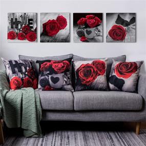 img 1 attached to 🌹 Set of 4 Red Pillow Covers for Couch - Christmas Decorative Rose Flower Square Pillowcases | 18x18 Black and White Cotton Linen Cushions for Sofa, Bed | Modern Home Decoration Love Gift Set