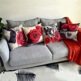 img 3 attached to 🌹 Set of 4 Red Pillow Covers for Couch - Christmas Decorative Rose Flower Square Pillowcases | 18x18 Black and White Cotton Linen Cushions for Sofa, Bed | Modern Home Decoration Love Gift Set